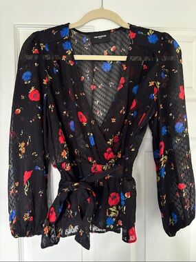 The Kooples Black Floral Wrap Top with Red & Blue Blooms